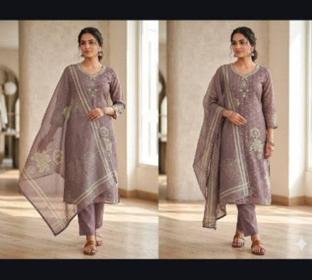 Off-White & Lavender Bundi Silk Floral Printed Kurti Set with Bottom & Dupatta 3pc