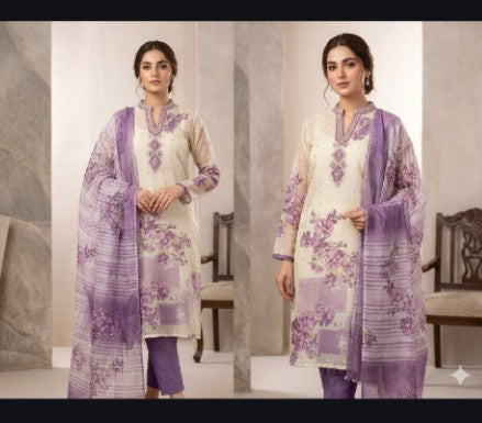 Off-White & Lavender Bundi Silk Floral Printed Kurti Set with Bottom & Dupatta 3pc