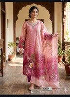 Off-White & Lavender Bundi Silk Floral Printed Kurti Set with Bottom & Dupatta 3pc