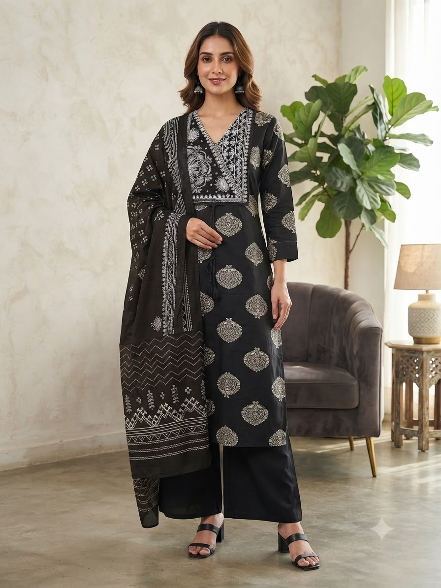 Rust Red Dhabu Cotton Angrakha Style Printed Kurta Set with Palazzo & Dupatta 3pc