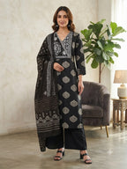 Rust Red Dhabu Cotton Angrakha Style Printed Kurta Set with Palazzo & Dupatta 3pc