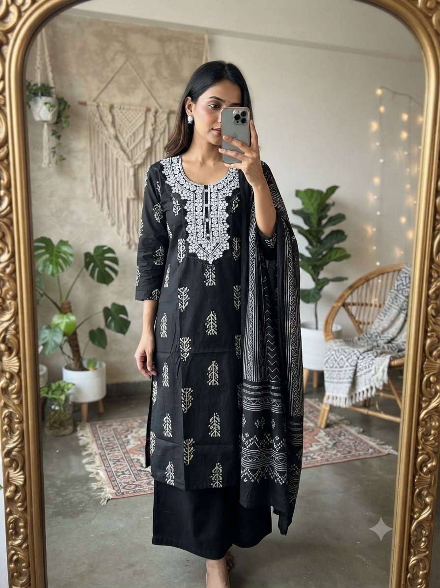 Rust Red Dhabu Cotton Angrakha Style Printed Kurta Set with Palazzo & Dupatta 3pc