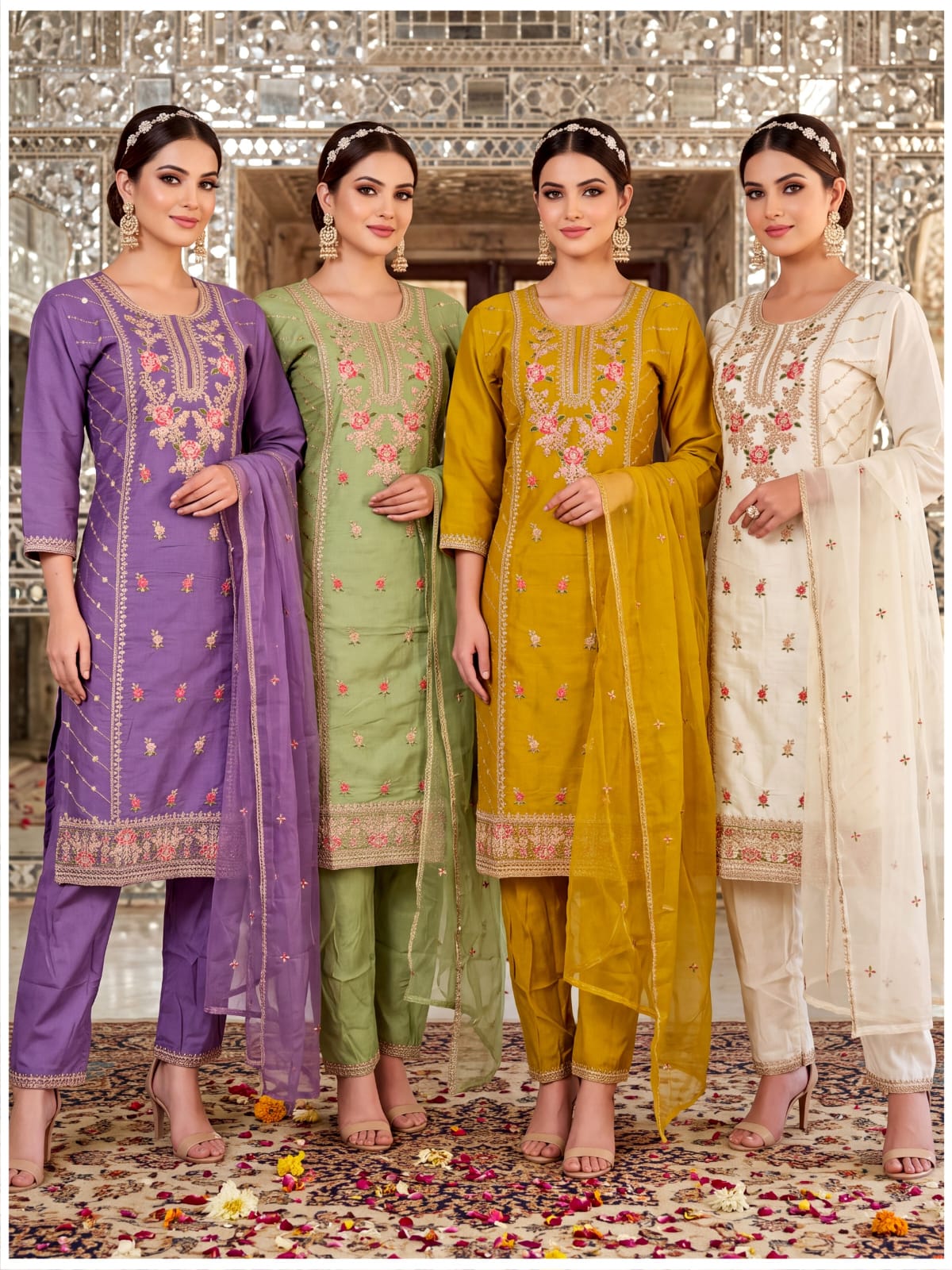 Roman Silk Embroidered Kurti Set with Straight Pants & Organza Dupatta 3pc