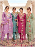 Roman Silk Embroidered Kurti Set with Straight Pants & Cutwork Scalloped Organza Dupatta
