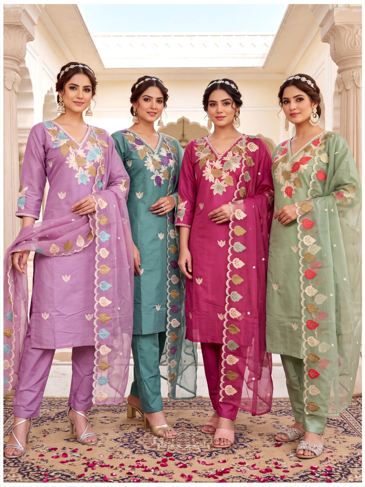 Roman Silk Embroidered Kurti Set with Straight Pants & Cutwork Scalloped Organza Dupatta