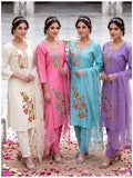 Roman Silk Embroidered Kurti Set with Straight Pants & Organza Dupatta