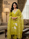 Lime Green Roman Silk White Lotus Embroidered Kurti Set with Pants & Dupatta 3pc