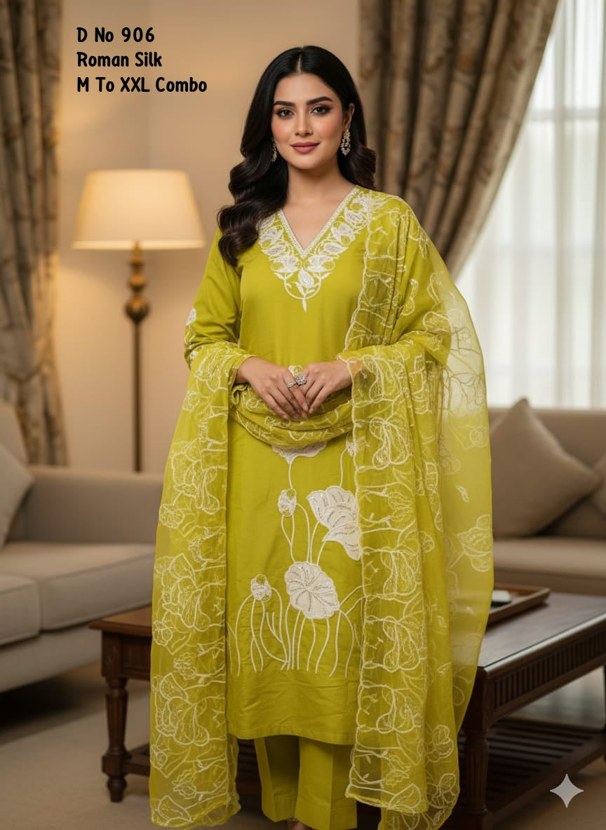 Lime Green Roman Silk White Lotus Embroidered Kurti Set with Pants & Dupatta 3pc