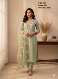 Sage Green Roman Silk Embroidered Kurti Set with Straight Pants & Scalloped Organza Dupatta 3pc