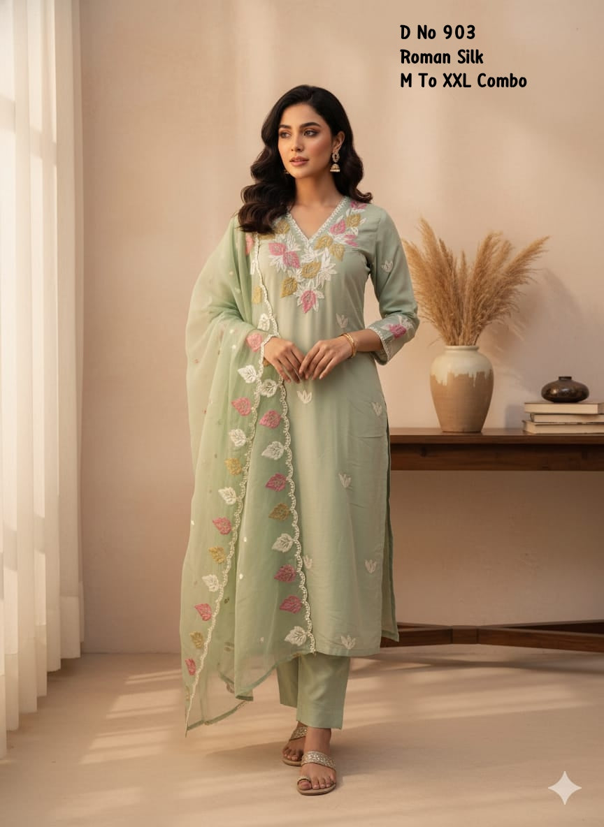 Sage Green Roman Silk Pastel Leaf Embroidered Kurti Set with Straight Pants & 3pc Cutwork Dupatta
