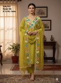 Olive Green Roman Silk Pastel Leaf Embroidered Kurti Set with Straight Pants & Cutwork Dupatta