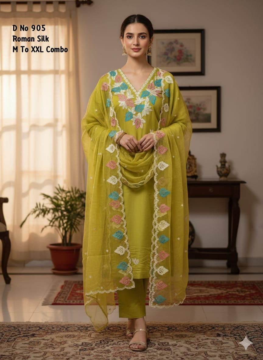 Olive Green Roman Silk Pastel Leaf Embroidered Kurti Set with Straight Pants & Cutwork Dupatta