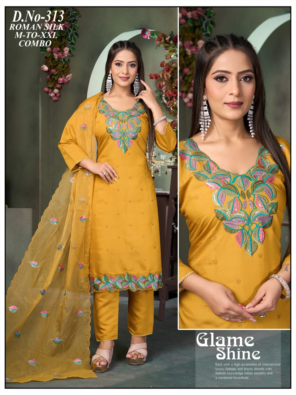 Mustard Yellow Roman Silk Multi-Color Embroidered Kurti Set with Straight Pants & Dupatta 3pc
