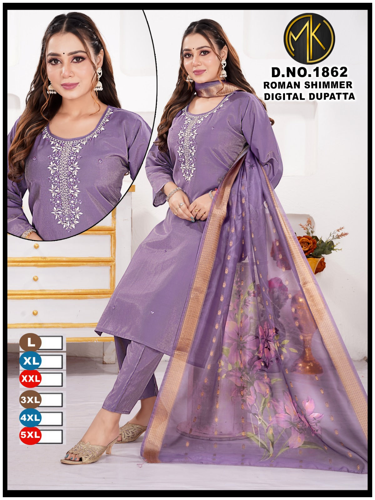 Roman Silk Floral Embroidery Kurta Set with Scalloped Dupatta 3pc