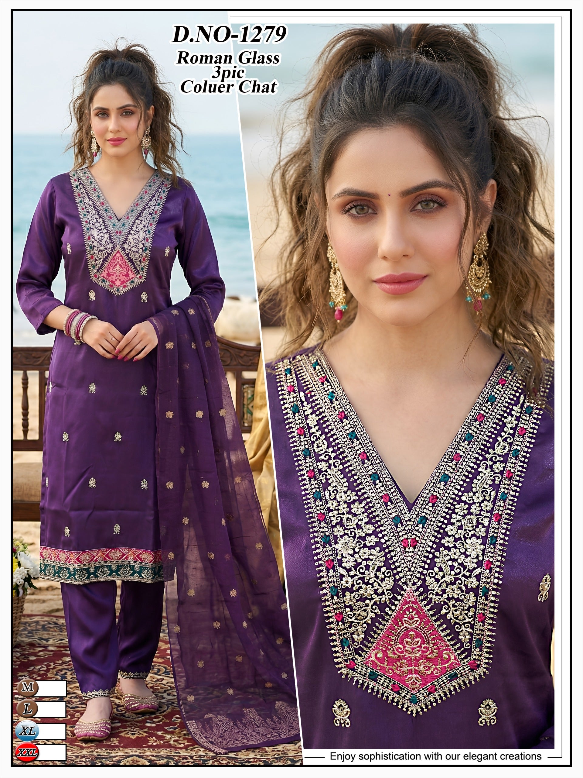 Designer Roman Silk 3pc Suit Set – Premium Embroidered Kurti, Pant & Dupatta Combo
