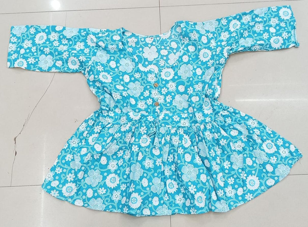 Trending Floral Print Cotton Short Peplum Kurti – Casual Flared Tunic with Wooden Buttons & Adjustable Waist Drawstring