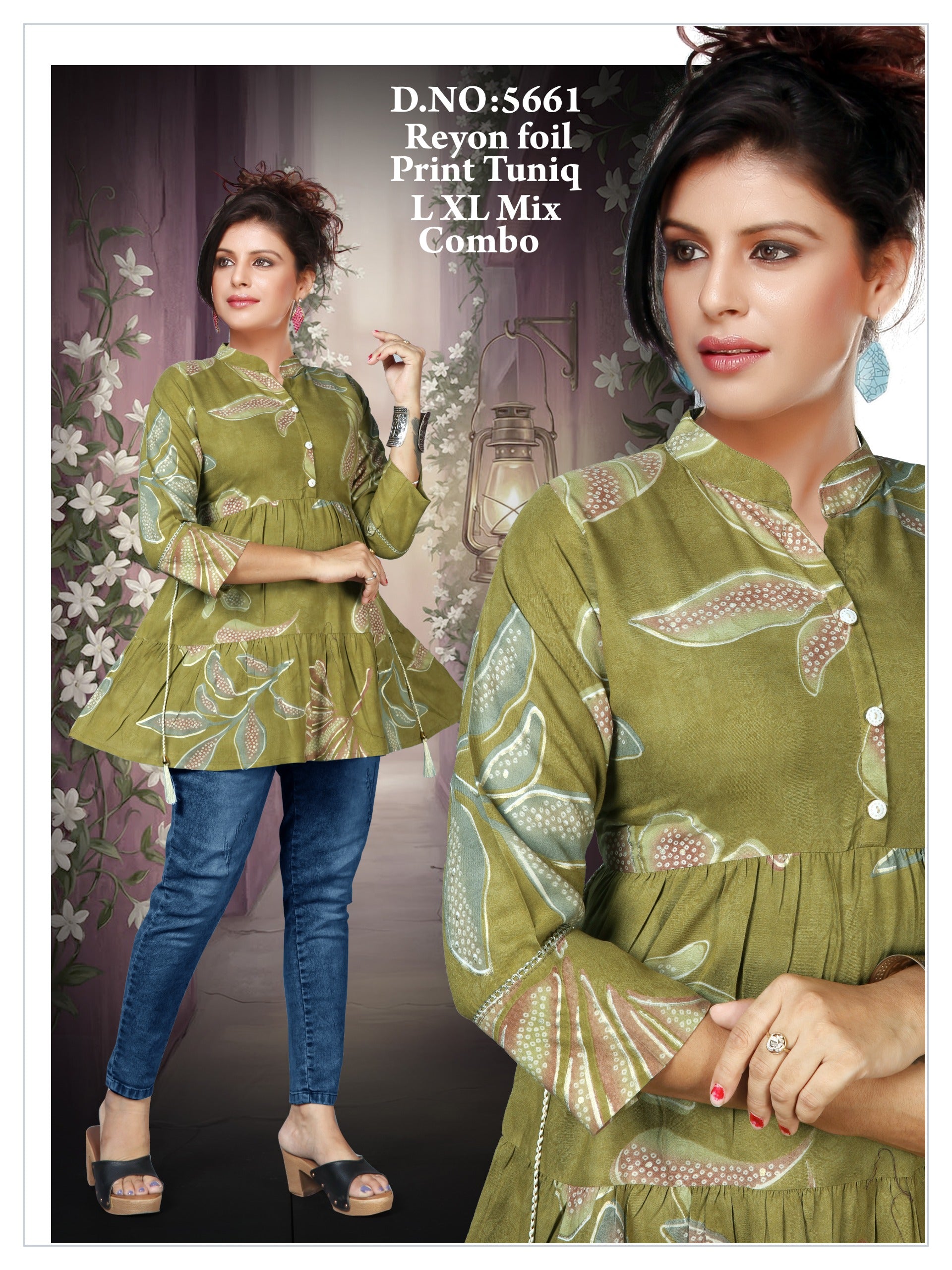 Women's Premium 22kg Heavy Rayon Floral Foil Print Peplum Short Kurti / Tunic Combo