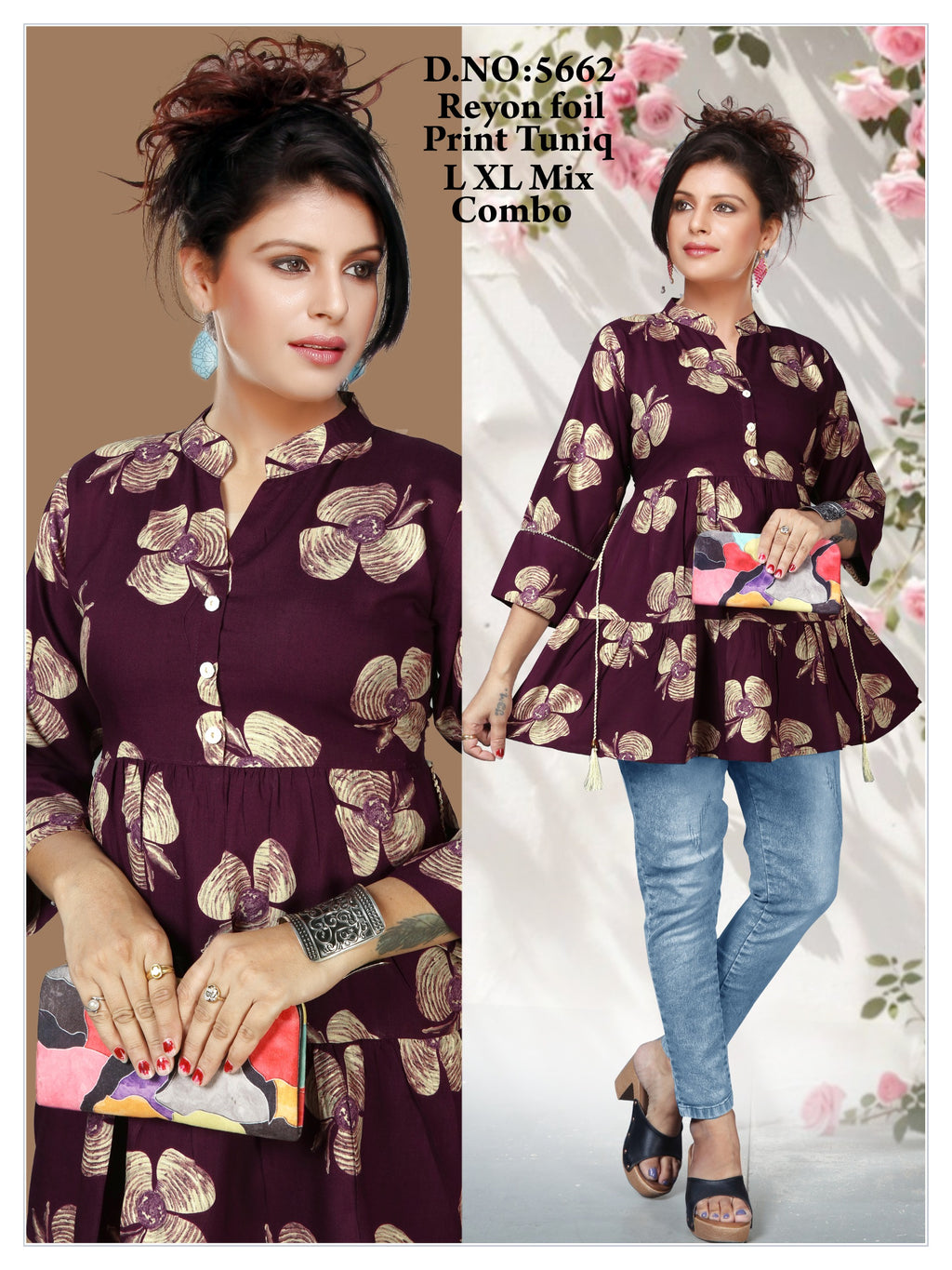 Women's Premium 22kg Heavy Rayon Floral Foil Print Peplum Short Kurti / Tunic Combo