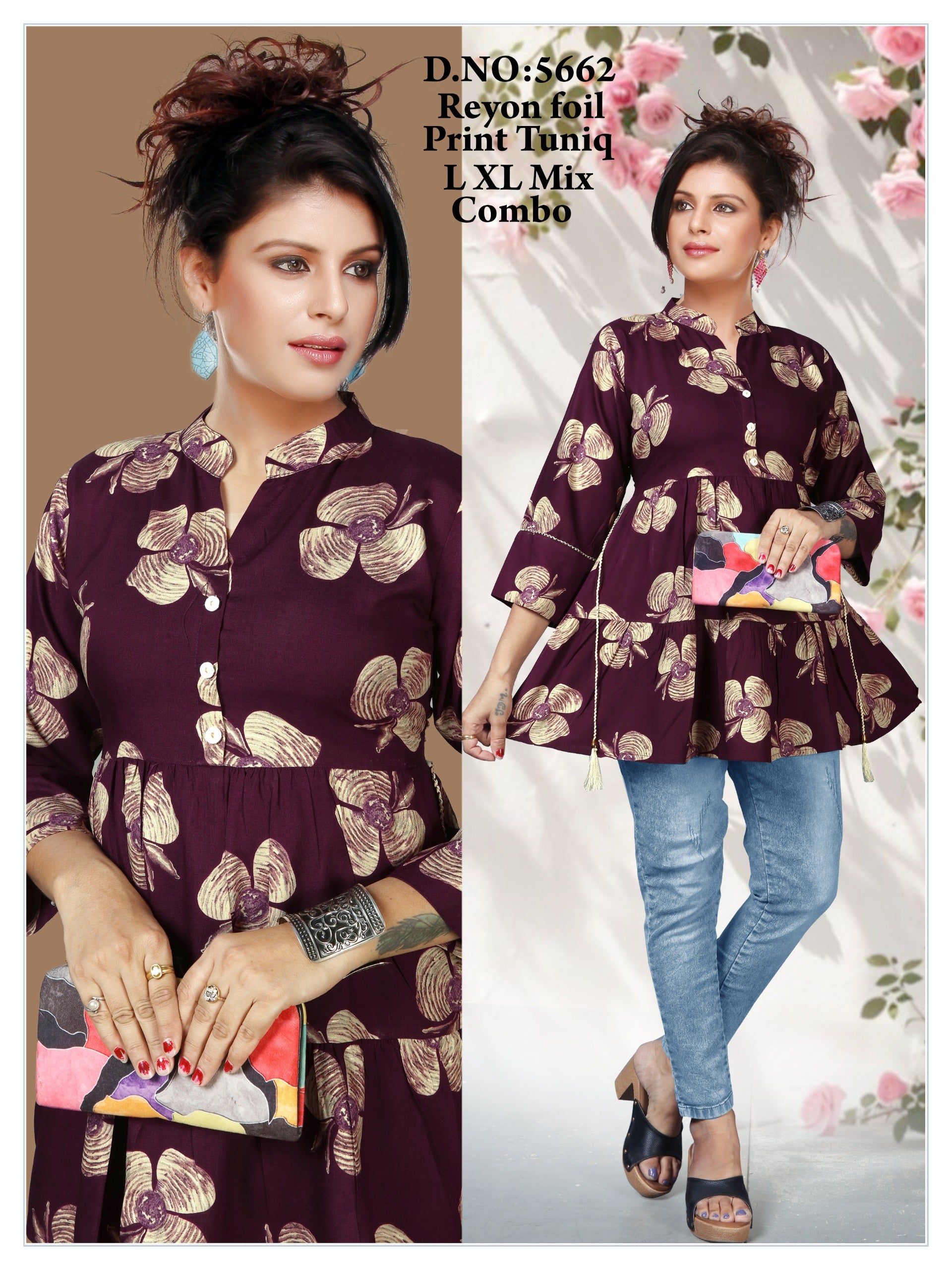 Women's Premium 22kg Heavy Rayon Floral Foil Print Peplum Short Kurti / Tunic Combo