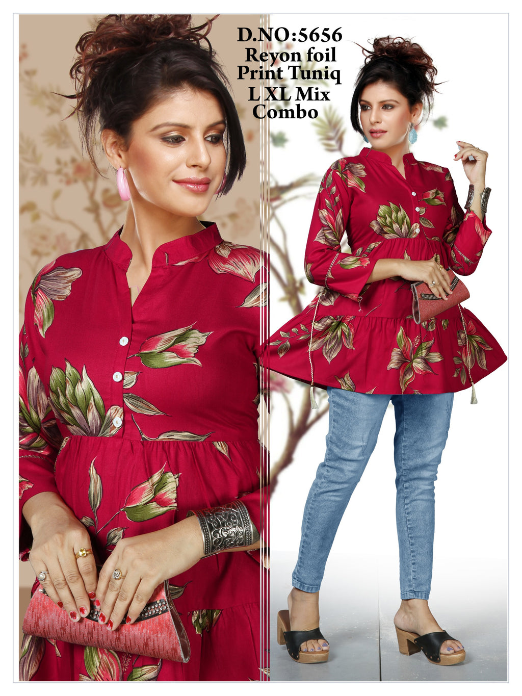Women's Premium 22kg Heavy Rayon Floral Foil Print Peplum Short Kurti / Tunic Combo