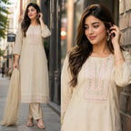 Elegant Beige Roman Shimmer Silk Embroidered Kurta Set with Dupatta