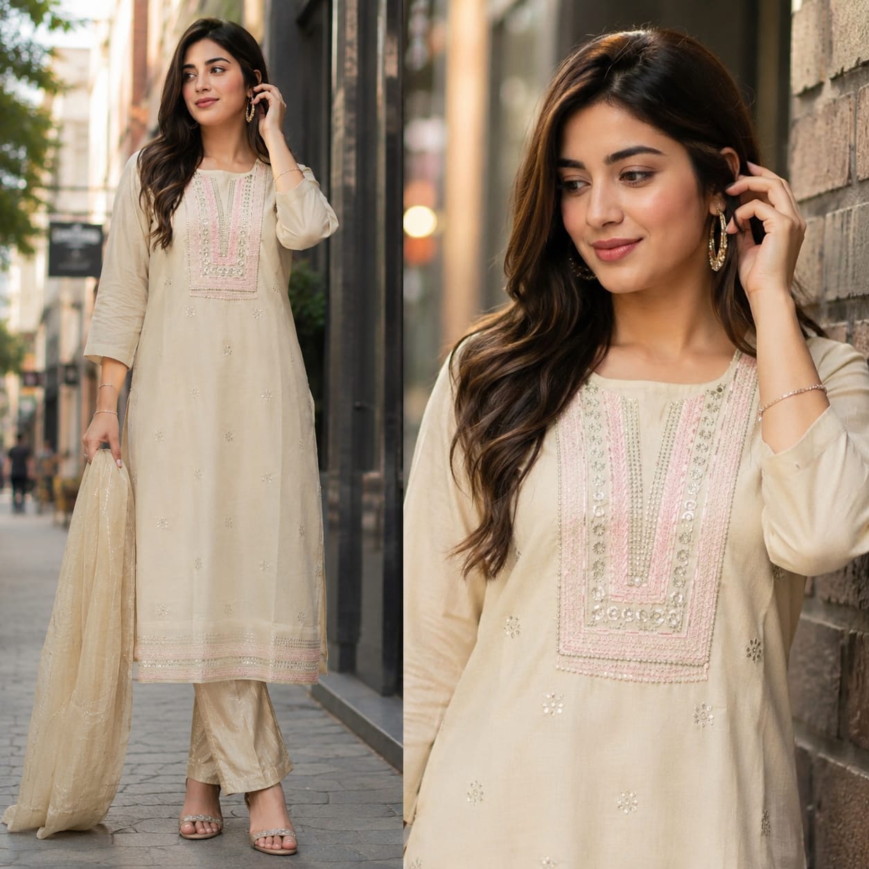 Elegant Beige Roman Shimmer Silk Embroidered Kurta Set with Dupatta