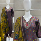 Muslin Handwork V-Neck Printed Kurta, Pant & Mal Cotton Dupatta 3pc Set