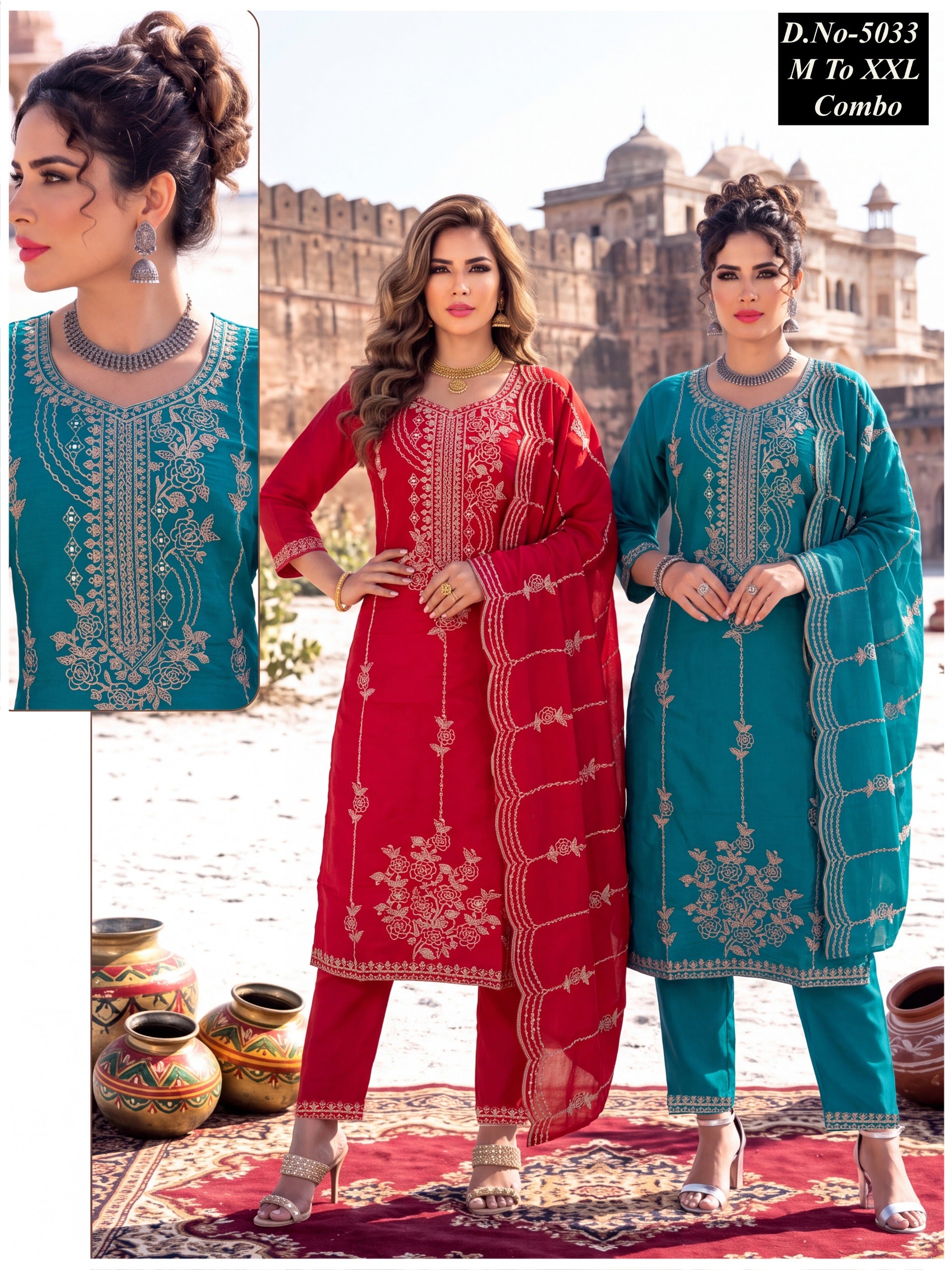 Elegant Roman Silk Embroidered Suit Set with Floral Work 3pc
