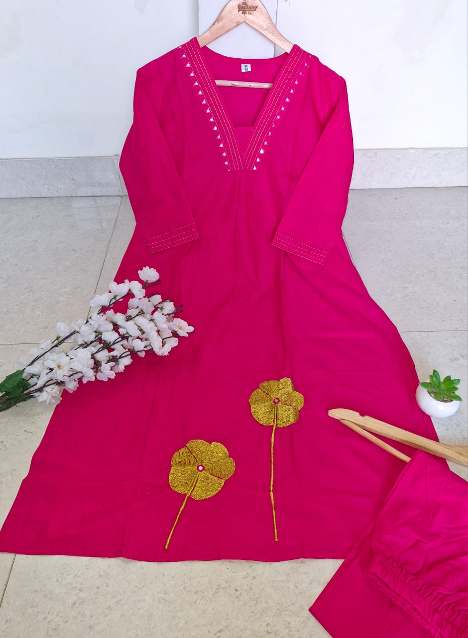 Pure Cotton 60x60 Flared Suit Set with Embroidery & Real Mirror Work