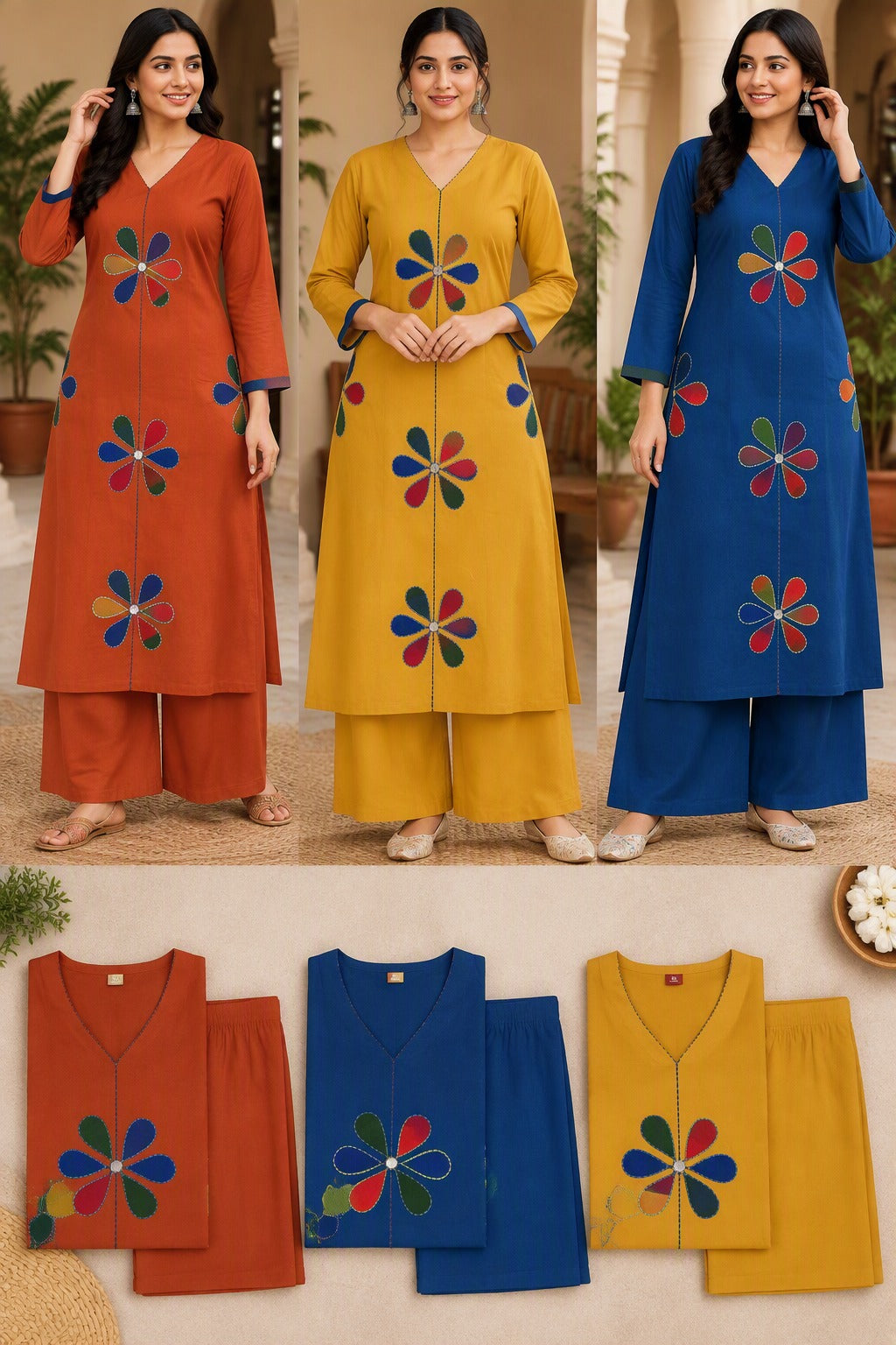 Mustard Yellow Dhabu Cotton Floral Appliqué Kurti Set with Bottom