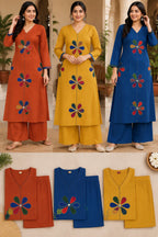 Mustard Yellow Dhabu Cotton Floral Appliqué Kurti Set with Bottom