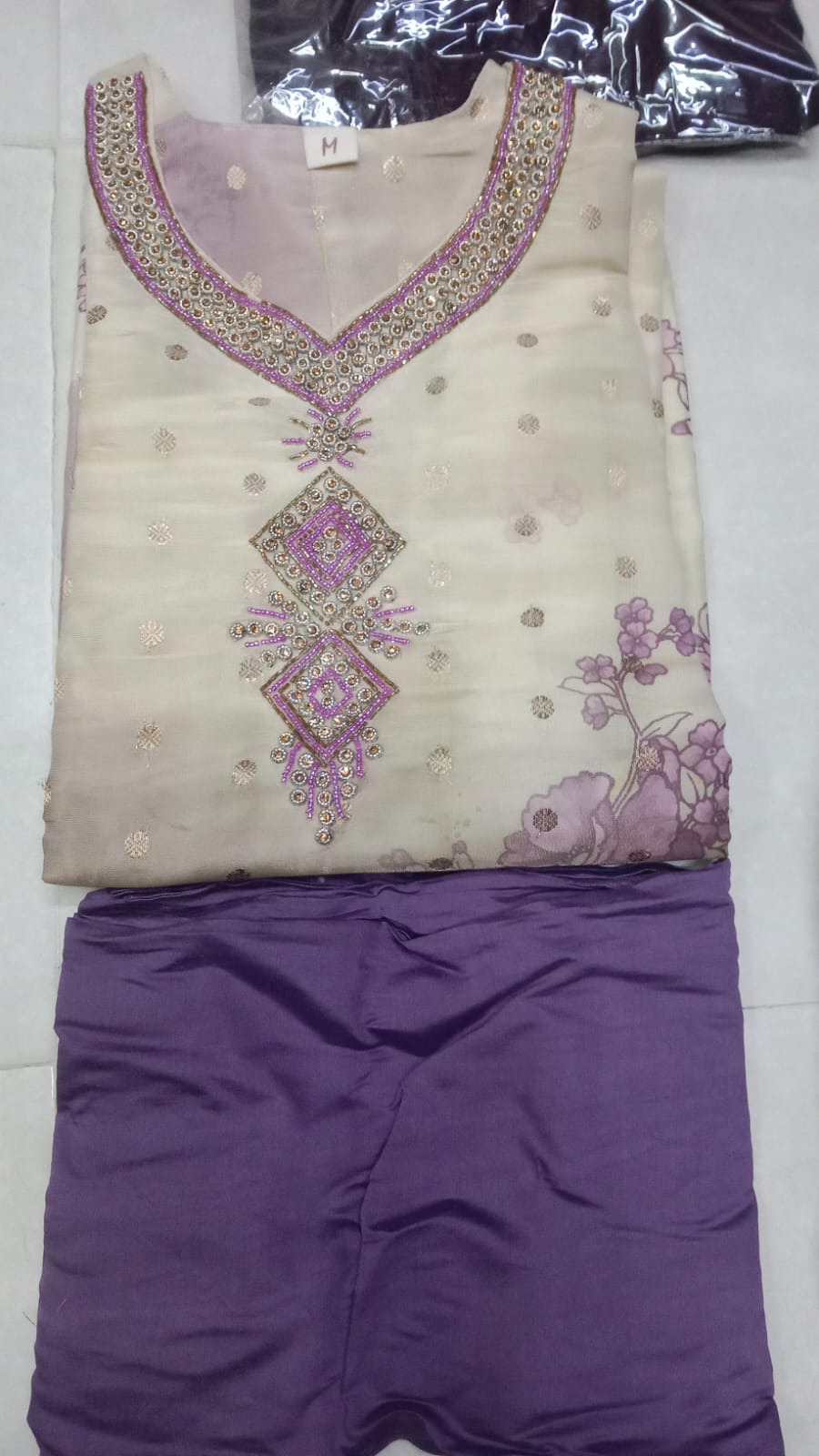 Off-White & Lavender Bundi Silk Floral Printed Kurti Set with Bottom & Dupatta 3pc