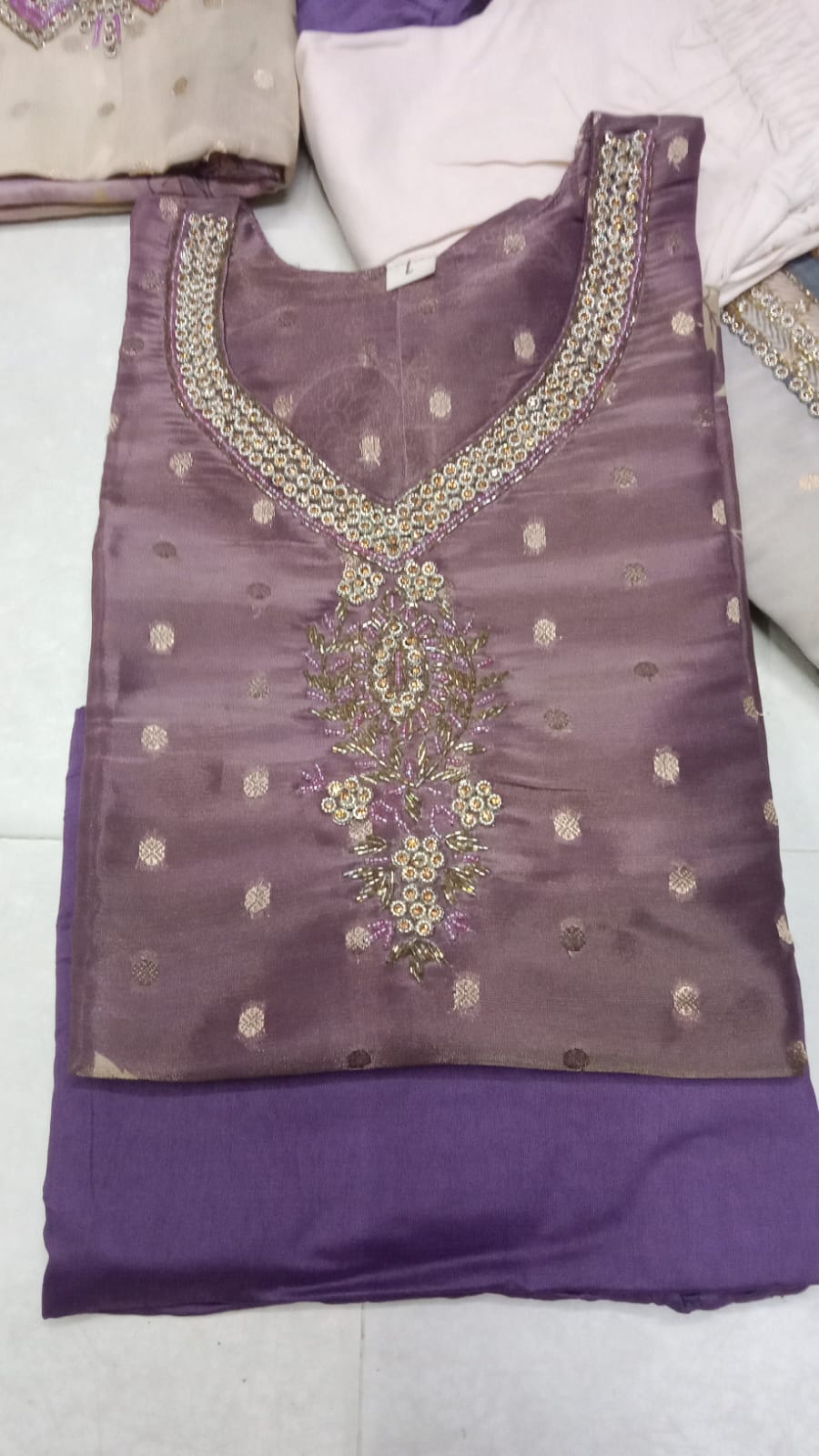 Off-White & Lavender Bundi Silk Floral Printed Kurti Set with Bottom & Dupatta 3pc