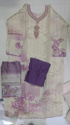 Off-White & Lavender Bundi Silk Floral Printed Kurti Set with Bottom & Dupatta 3pc