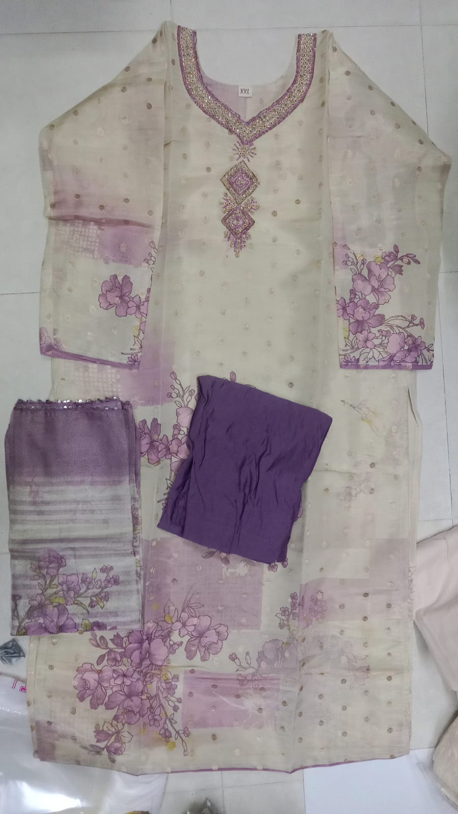 Off-White & Lavender Bundi Silk Floral Printed Kurti Set with Bottom & Dupatta 3pc