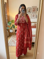 Rust Red Dhabu Cotton Angrakha Style Printed Kurta Set with Palazzo & Dupatta 3pc