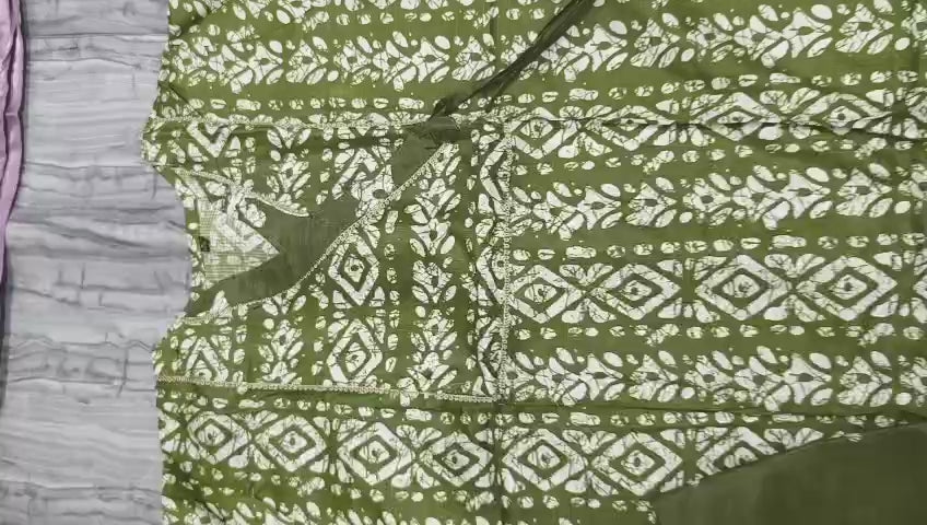 Olive Green Batik Print Two-Tone Angrakha Kurta