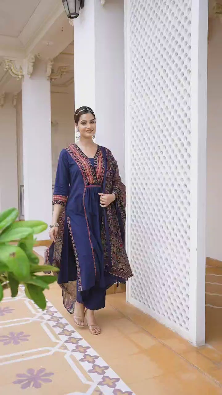 Women Rust Red Embroidered V-Neck Cotton 60 60 Kurta Pant Set with Printed Dupatta