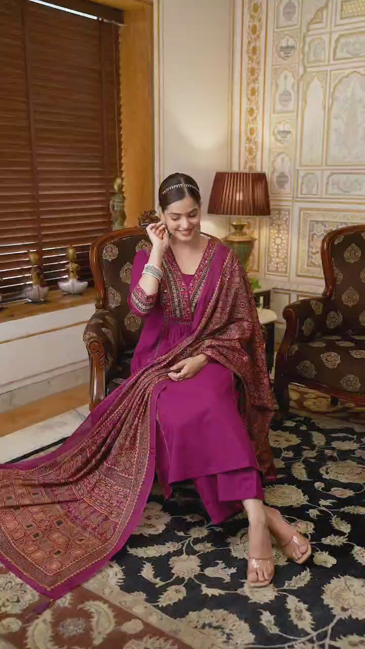 Women Rust Red Embroidered V-Neck Cotton 60 60 Kurta Pant Set with Printed Dupatta